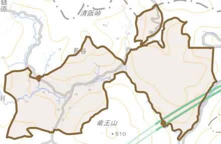 大字下音羽とその周辺の地図。町の範囲を重ねている