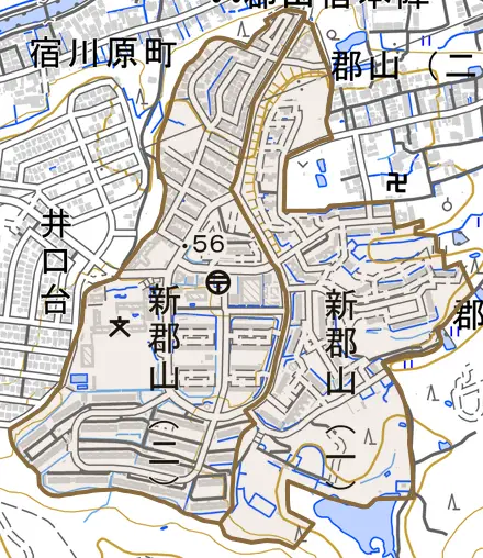 新郡山とその周辺の地図。町の範囲を重ねている