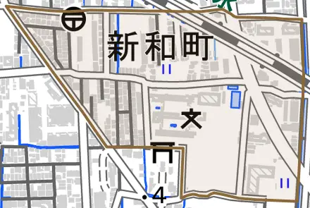 新和町とその周辺の地図。町の範囲を重ねている
