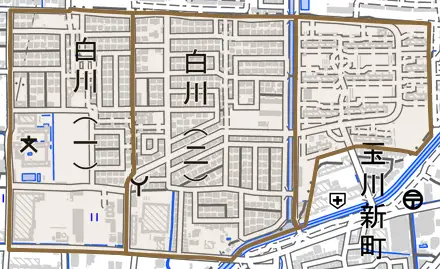 白川とその周辺の地図。町の範囲を重ねている