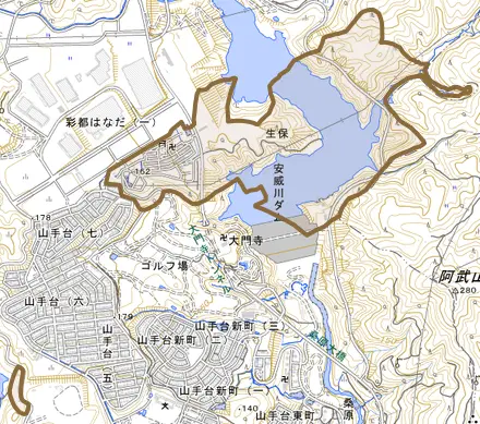 大字生保とその周辺の地図。町の範囲を重ねている
