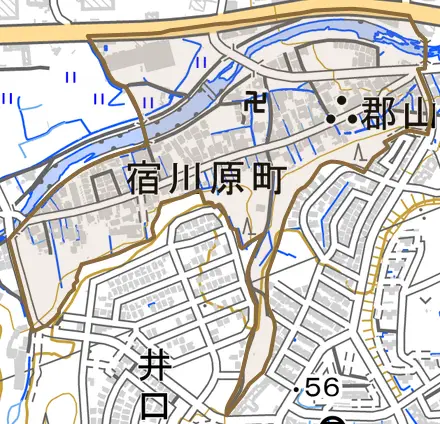 宿川原町とその周辺の地図。町の範囲を重ねている