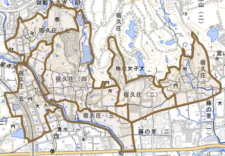 宿久庄とその周辺の地図。町の範囲を重ねている