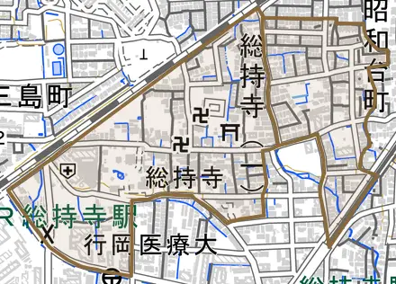 総持寺とその周辺の地図。町の範囲を重ねている