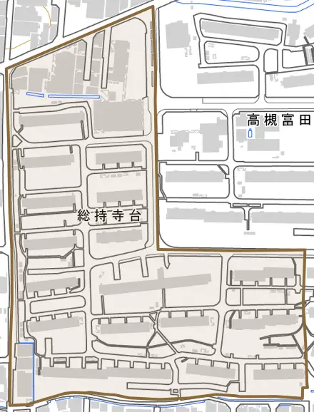 総持寺台とその周辺の地図。町の範囲を重ねている