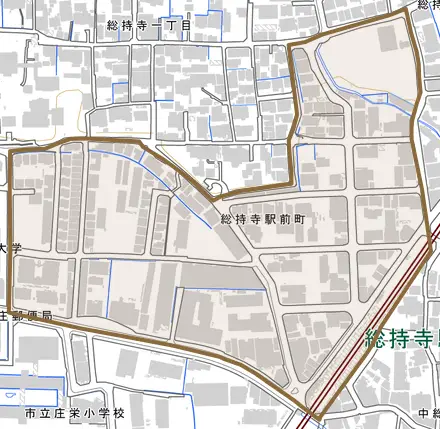 総持寺駅前町とその周辺の地図。町の範囲を重ねている