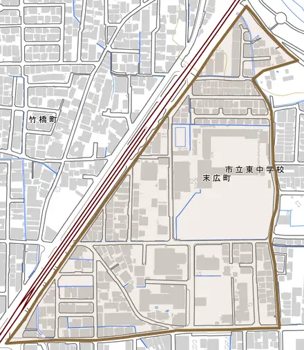 末広町とその周辺の地図。町の範囲を重ねている