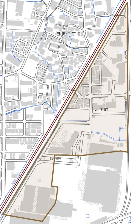 大正町とその周辺の地図。町の範囲を重ねている