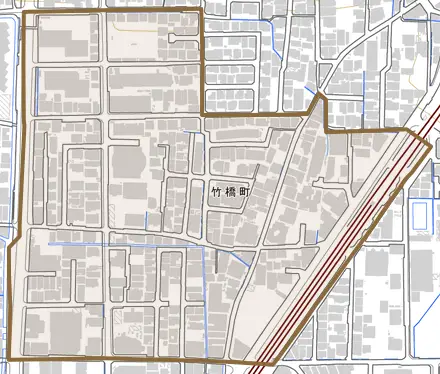 竹橋町とその周辺の地図。町の範囲を重ねている