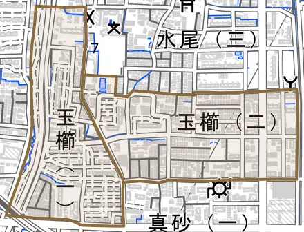 玉櫛とその周辺の地図。町の範囲を重ねている