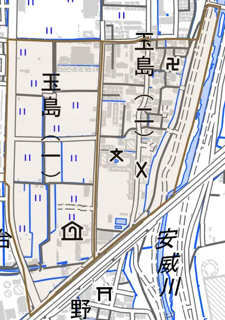玉島とその周辺の地図。町の範囲を重ねている
