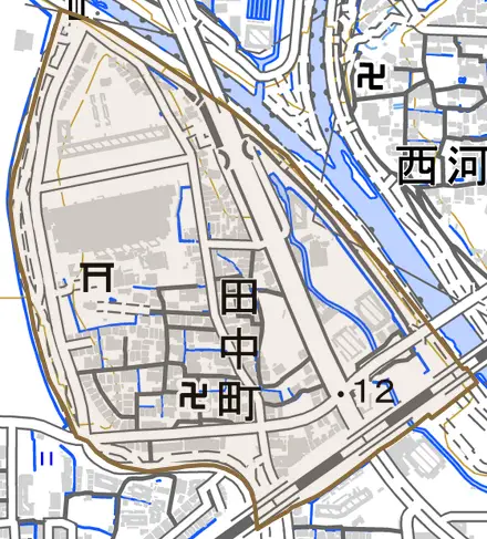 田中町とその周辺の地図。町の範囲を重ねている