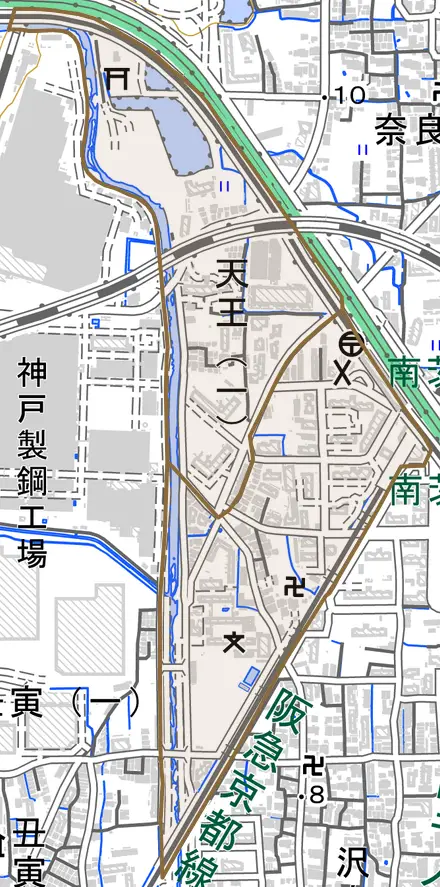 天王とその周辺の地図。町の範囲を重ねている
