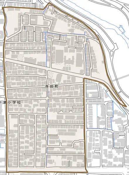 寺田町とその周辺の地図。町の範囲を重ねている
