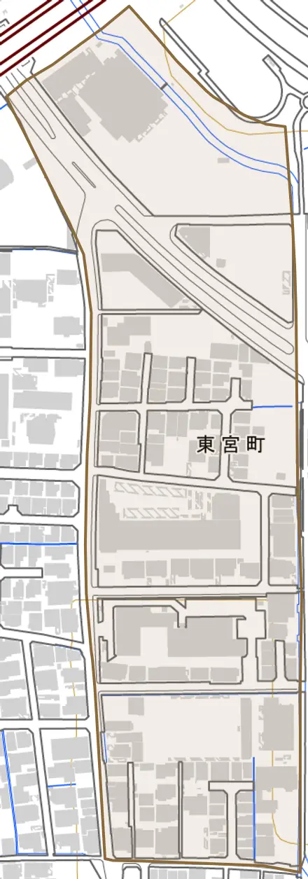東宮町とその周辺の地図。町の範囲を重ねている