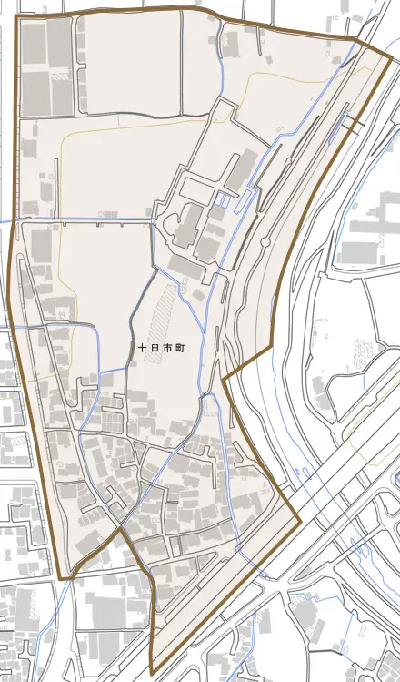 十日市町とその周辺の地図。町の範囲を重ねている