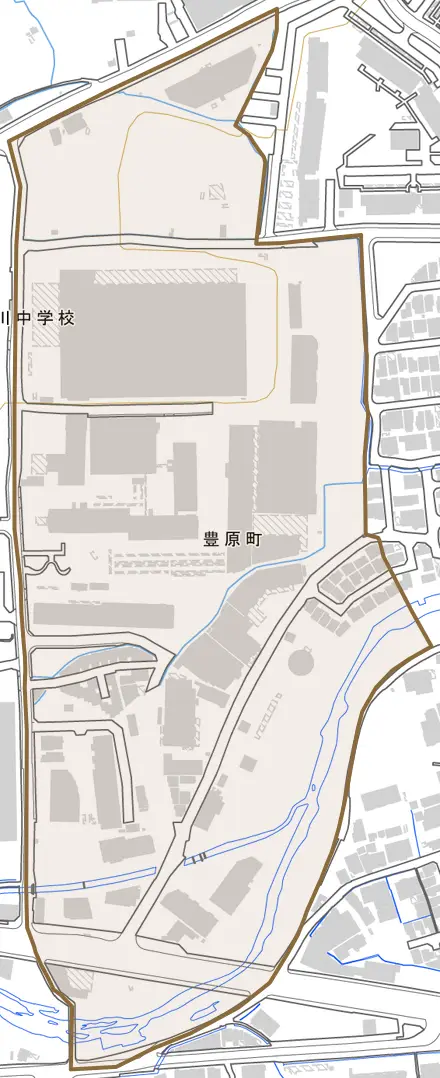 豊原町とその周辺の地図。町の範囲を重ねている