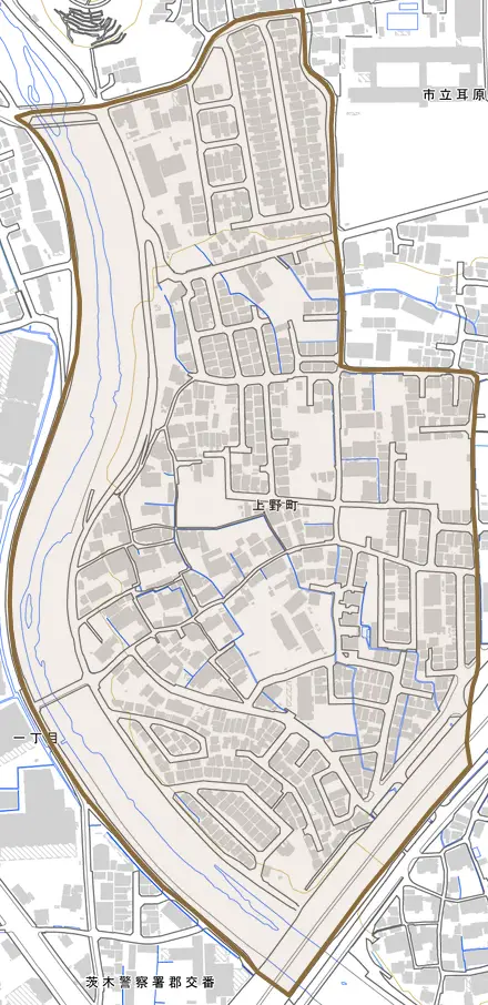 上野町とその周辺の地図。町の範囲を重ねている