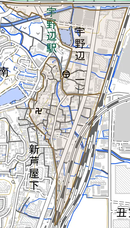 宇野辺とその周辺の地図。町の範囲を重ねている