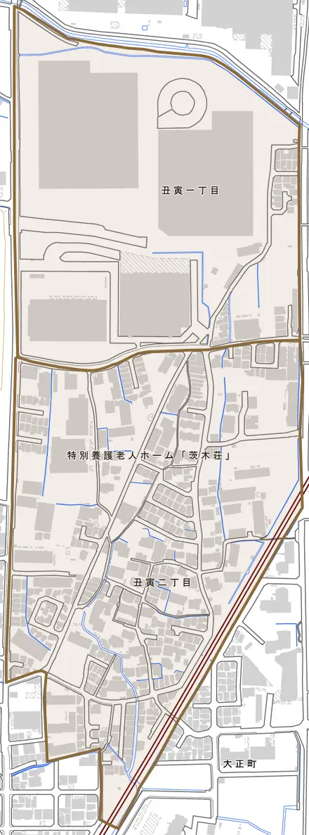 丑寅とその周辺の地図。町の範囲を重ねている