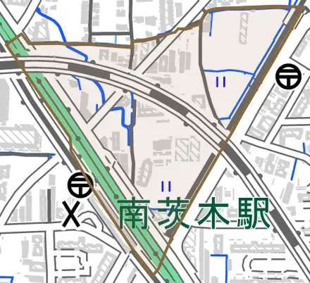 若草町とその周辺の地図。町の範囲を重ねている