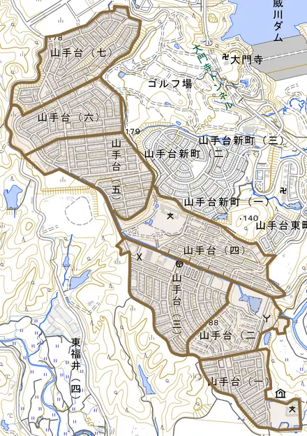 山手台とその周辺の地図。町の範囲を重ねている