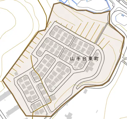 山手台東町とその周辺の地図。町の範囲を重ねている