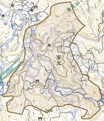 大字安元とその周辺の地図。町の範囲を重ねている
