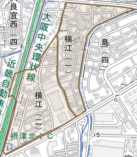 横江とその周辺の地図。町の範囲を重ねている