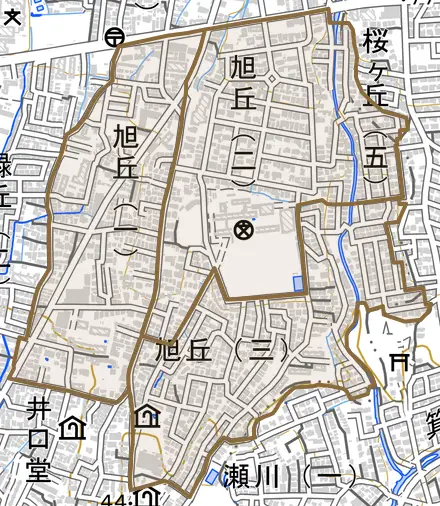 旭丘とその周辺の地図。町の範囲を重ねている