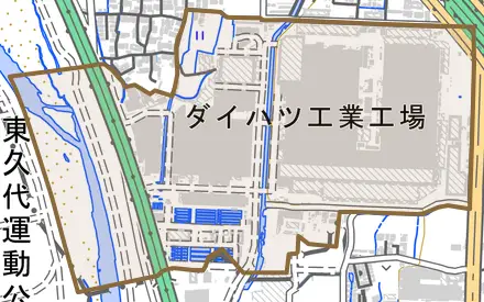 ダイハツ町とその周辺の地図。町の範囲を重ねている