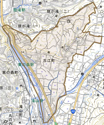 古江町とその周辺の地図。町の範囲を重ねている