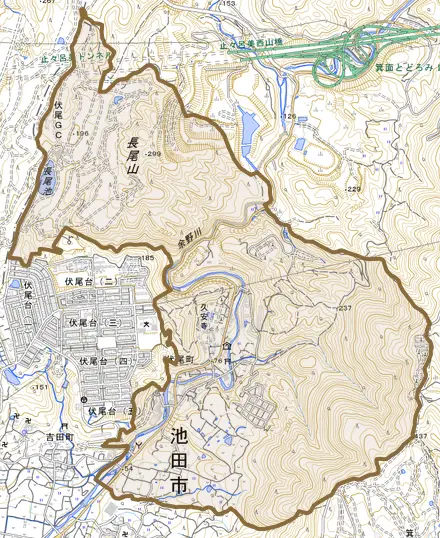 伏尾町とその周辺の地図。町の範囲を重ねている