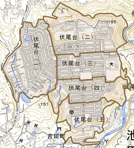 伏尾台とその周辺の地図。町の範囲を重ねている