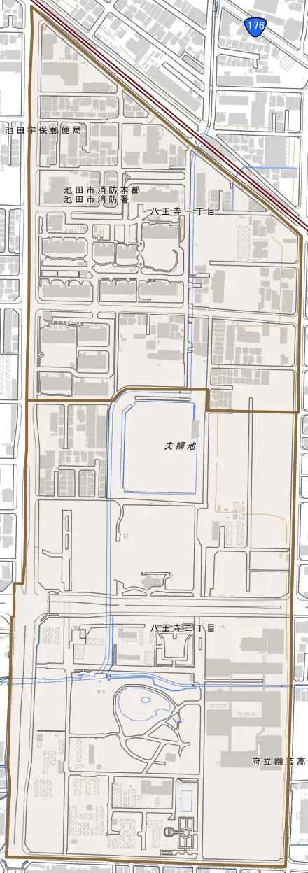 八王寺とその周辺の地図。町の範囲を重ねている