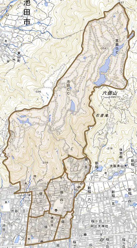 畑とその周辺の地図。町の範囲を重ねている