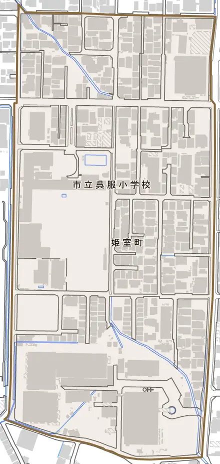 姫室町とその周辺の地図。町の範囲を重ねている