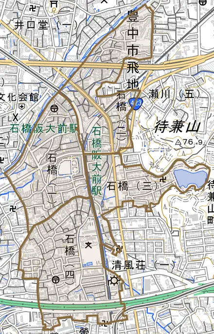 石橋とその周辺の地図。町の範囲を重ねている