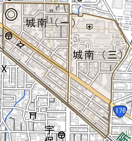 城南とその周辺の地図。町の範囲を重ねている