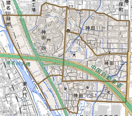 神田とその周辺の地図。町の範囲を重ねている