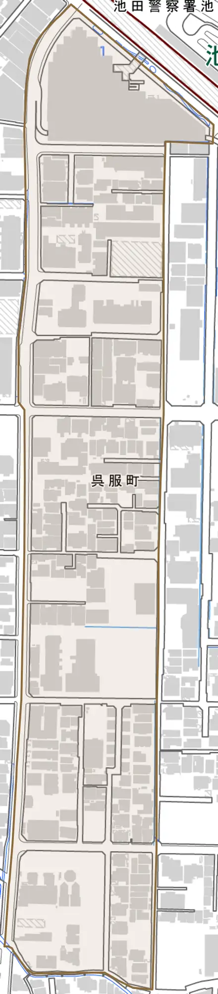 呉服町とその周辺の地図。町の範囲を重ねている