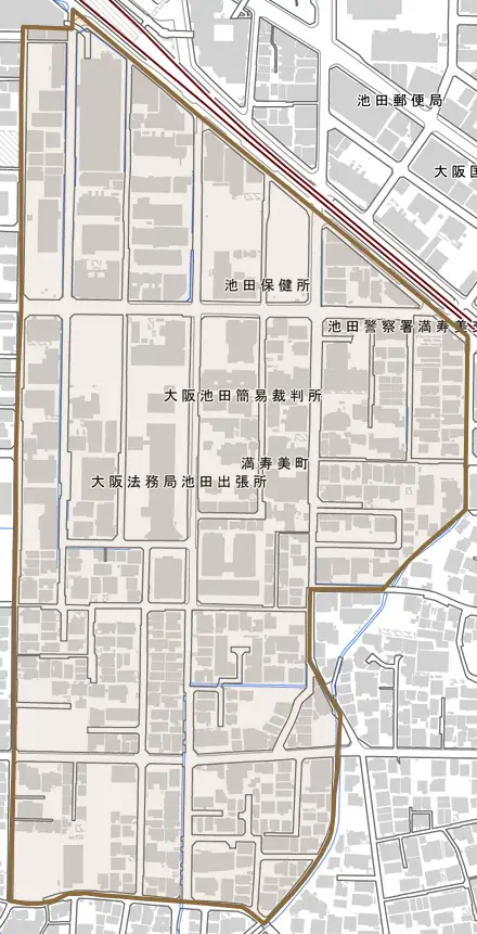 満寿美町とその周辺の地図。町の範囲を重ねている