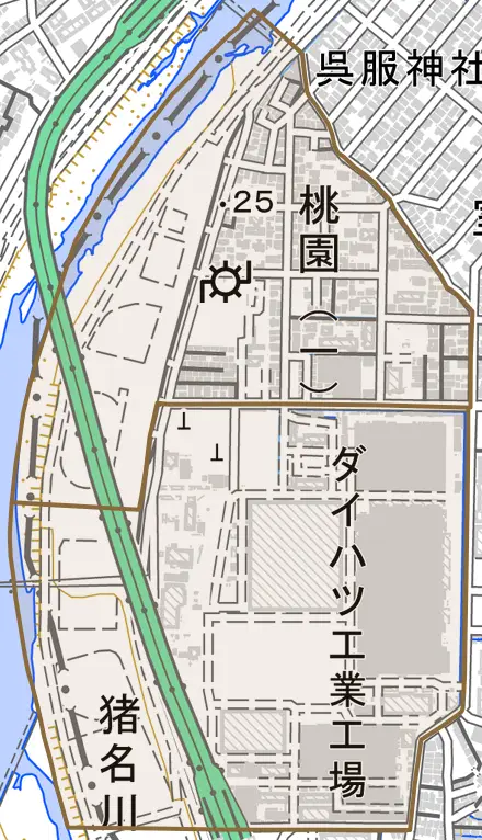 桃園とその周辺の地図。町の範囲を重ねている