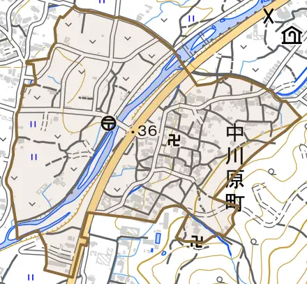 中川原町とその周辺の地図。町の範囲を重ねている
