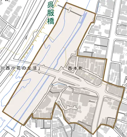 西本町とその周辺の地図。町の範囲を重ねている