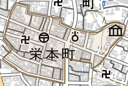栄本町とその周辺の地図。町の範囲を重ねている