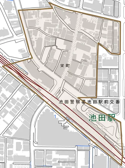 栄町とその周辺の地図。町の範囲を重ねている