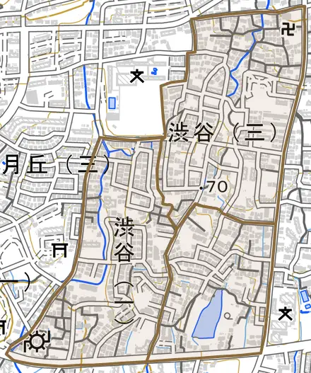 渋谷とその周辺の地図。町の範囲を重ねている
