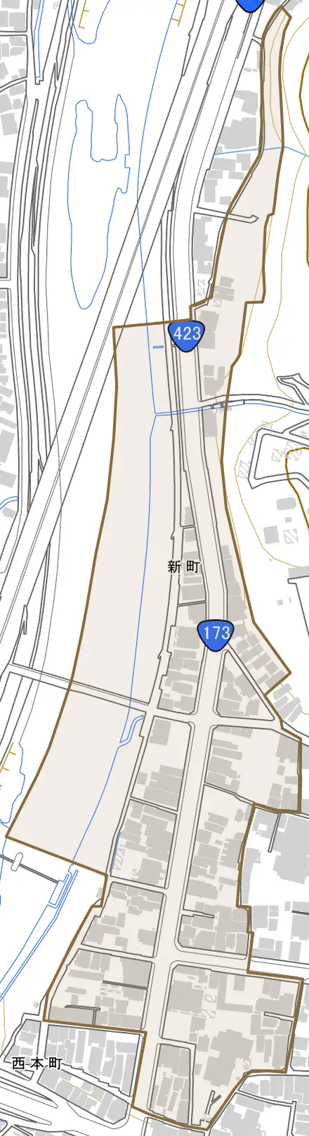 新町とその周辺の地図。町の範囲を重ねている