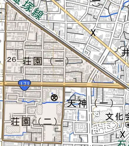 荘園とその周辺の地図。町の範囲を重ねている